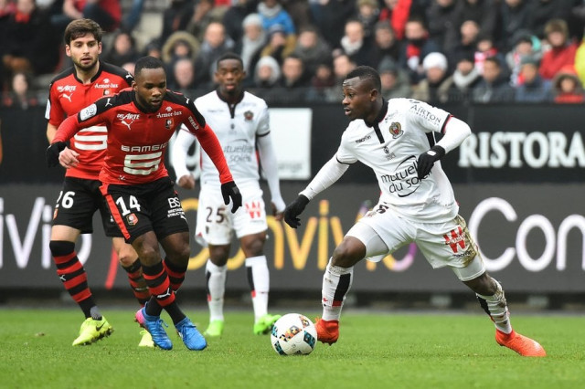rennes 039 french forward aldo kalulu kyatengwa l vies for the ball with nice 039 s ivorian midfielder jean michael seri r during the french l1 football match between rennes stade rennais fc and nice ogc on february 12 2017 at the roazhon park in rennes northwestern france photo afp rennes 039 french forward aldo kalulu kyatengwa l vies for the ball with nice 039 s ivorian midfielder jean michael seri r during the french l1 football match between rennes stade rennais fc and nice ogc on february 12 2017 at the roazhon park in rennes northwestern france photo afp