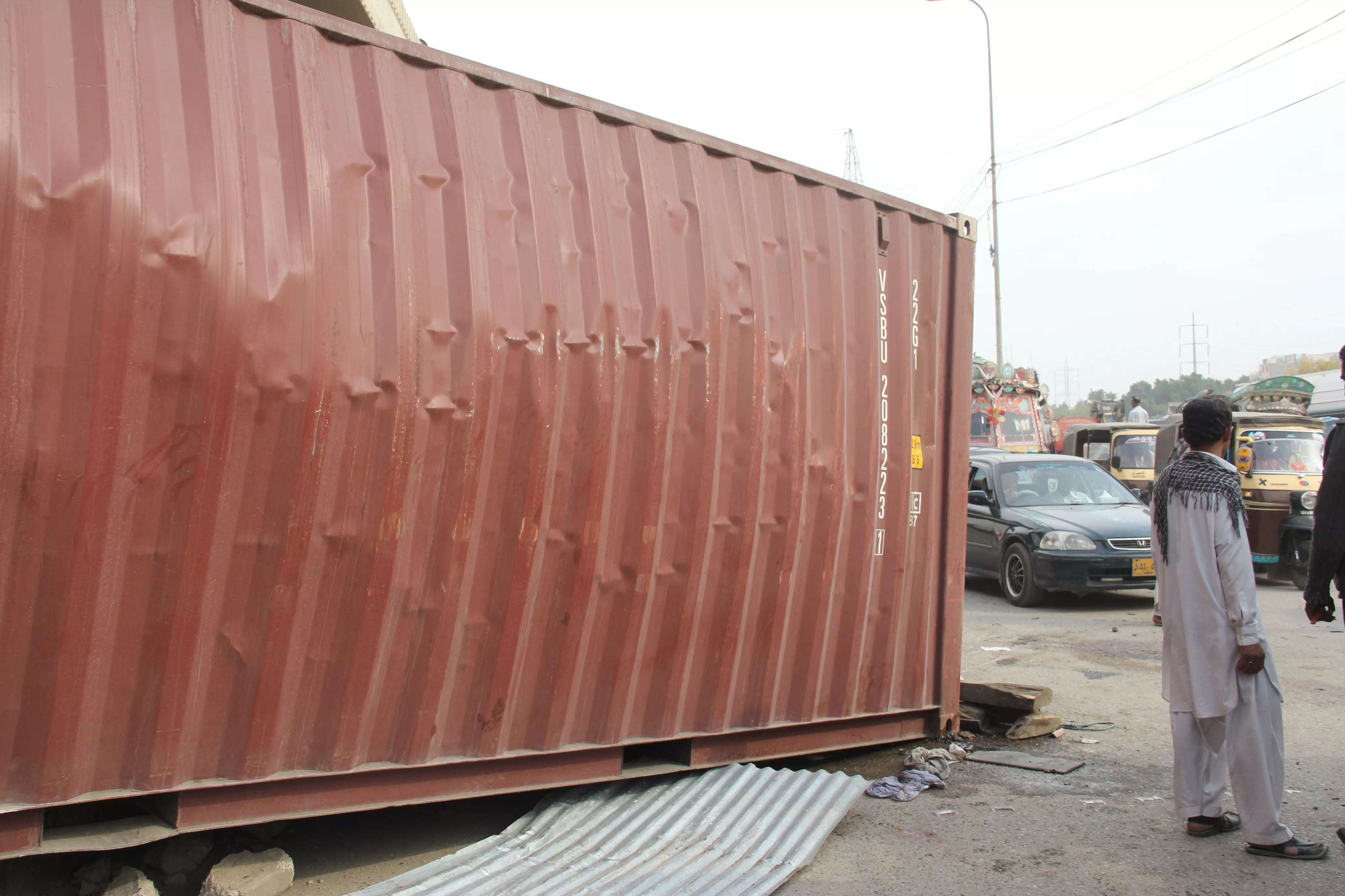 this container was on the truck that overturned near qayyumabad roundabout and killed three people on thursday afternoon photo ayesha mir express this container was on the truck that overturned near qayyumabad roundabout and killed three people on thursday afternoon photo ayesha mir express
