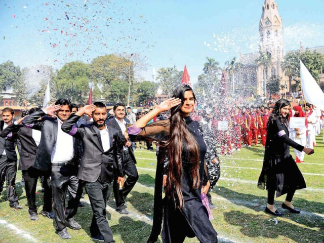 one of sports teams marches before the beginning of the annual sports event at the gcu s oval ground on thursday photo abid nawaz express one of sports teams marches before the beginning of the annual sports event at the gcu s oval ground on thursday photo abid nawaz express
