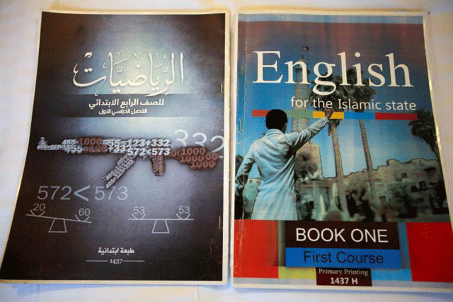 math and english textbooks found in an islamic state facility for child fighters which include military imagery are pictured in mosul iraq february 16 2017 photo reuters