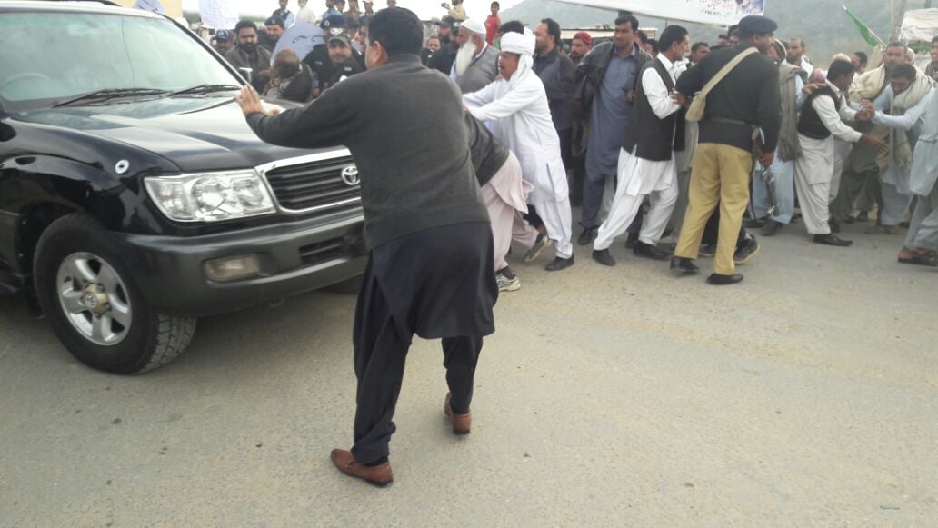 the furious crowd tried to stop prime minister haider when he was on his way to samhani from bhimber city photo express