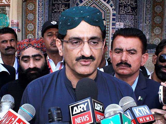 sindh chief minister murad ali shah talking to media persons at the shrine of shah abdul lateef bhittai on february 19 2017 photo app