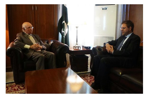 in this file photo prime minister s adviser on foreign affairs sartaj aziz meeting with afghan ambassador in islamabad dr hazrat omar zakhilwal photo online