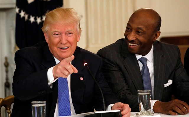 u s president donald trump speaks during a meeting with manufacturing ceos at the white house in washington u s february 23 2017 flanking trump are his senior advisor jared kushner l and merck ceo ken frazier 3rd l photo reuters
