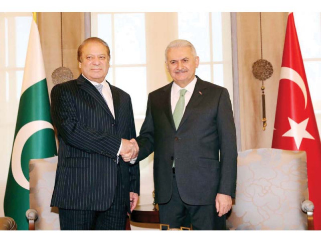 pm nawaz shakes hands with his turkish counterpart binali yildirim during a meeting at the cankaya palace in ankara photo ppi