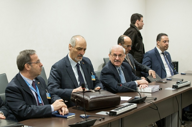 syrian ambassador to the united nations and head of the government delegation bashar al jaafari 4th l attends a meeting of intra syria peace talks with un special envoy for syria staffan de mistura at palais des nations in geneva switzerland feb 24 2017 photo reuters