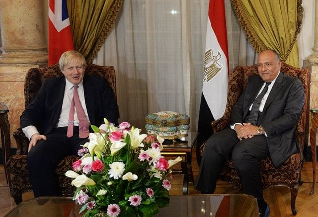 british foreign secretary boris johnson l meets with his egyptian counterpart sameh shoukry on february 25 2017 in the capital cairo photo afp