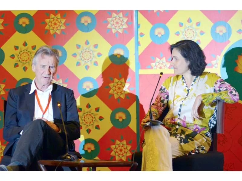 michael palin and kamila shamsie at the llf session photo express michael palin and kamila shamsie at the llf session photo express