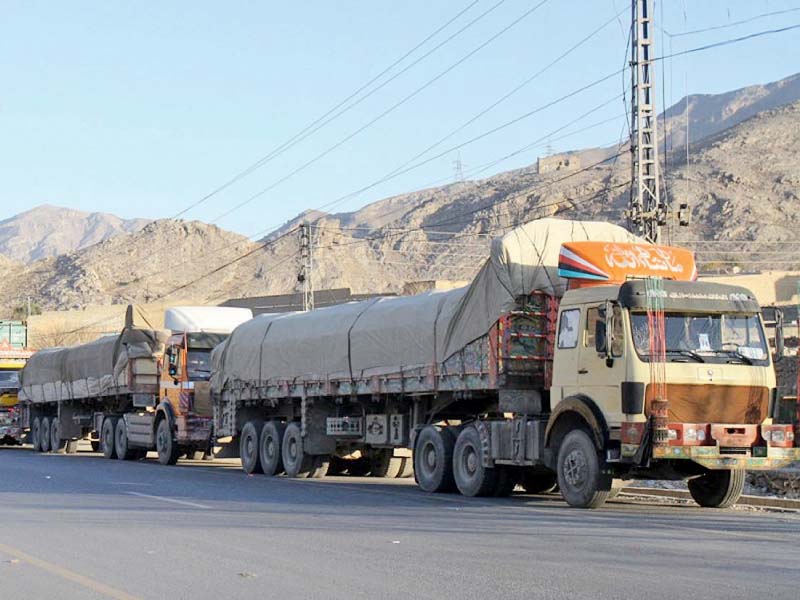 goods trucks have been stuck at the torkham border for the past 11 days due to the government s recent decision to close the pak afghan border photo inp