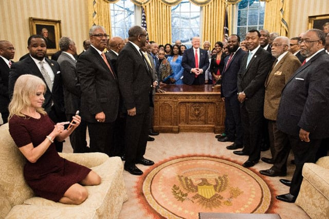 counselor to the president kellyanne conway l checks her phone after taking a photo as donald trump and leaders of historically black universities and colleges in the oval office photo afp counselor to the president kellyanne conway l checks her phone after taking a photo as donald trump and leaders of historically black universities and colleges in the oval office photo afp