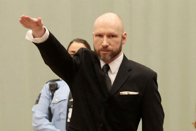 anders behring breivik raises his right hand during the appeal case in borgarting court of appeal at telemark prison in skien norway 10 january 2017 photo reuters
