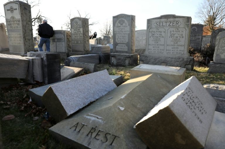 vandalized tombstones are seen at the jewish mount carmel cemetery february 26 2017 in philadelphia photo afp