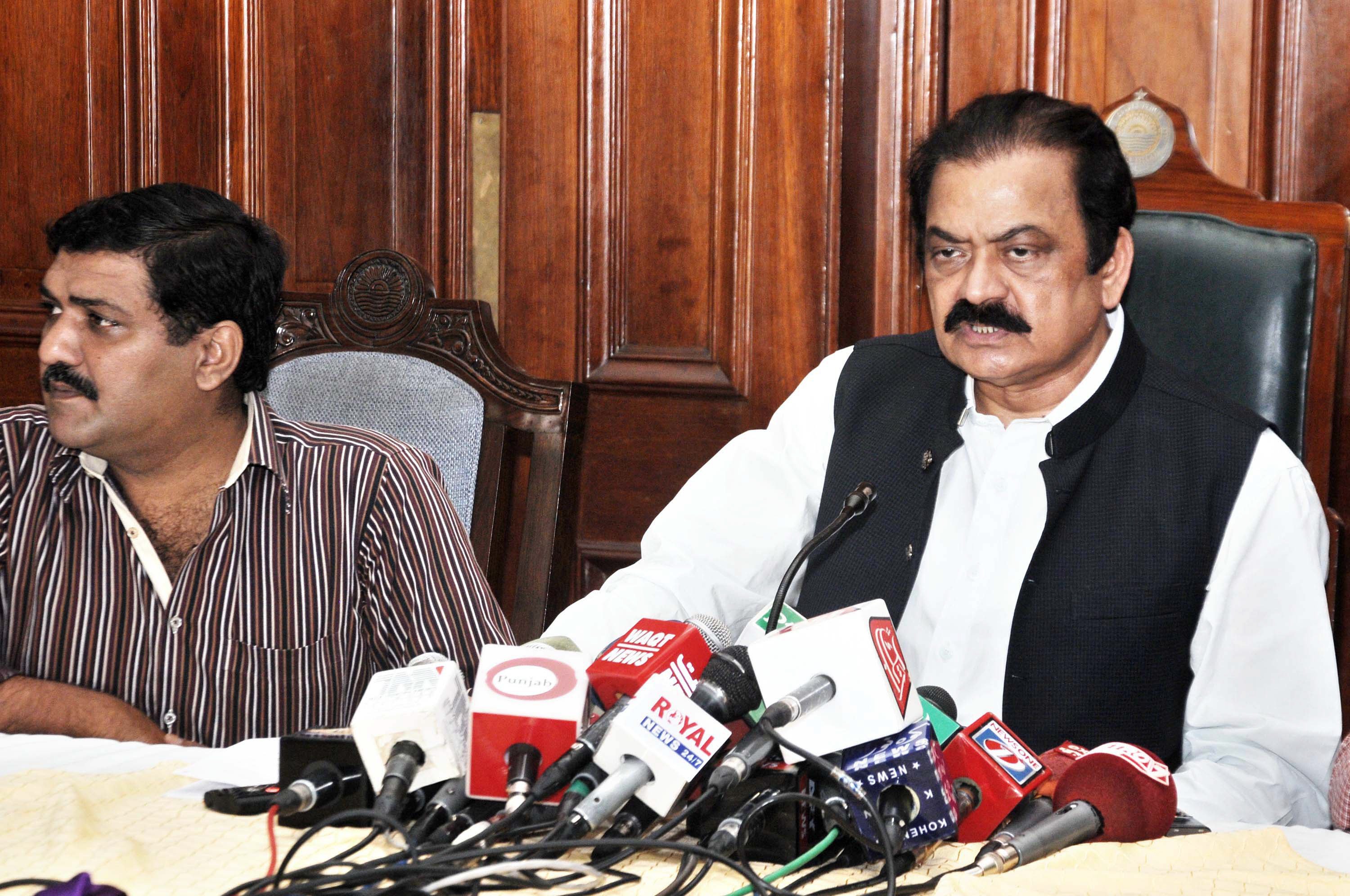 punjab law minister rana sanaullah addresses a press conference at the punjab assembly in lahore on august 25 2015 photo waseem nazir express