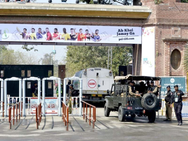 soldiers patrol outside the gaddafi stadium ahead of the psl final photo afp soldiers patrol outside the gaddafi stadium ahead of the psl final photo afp