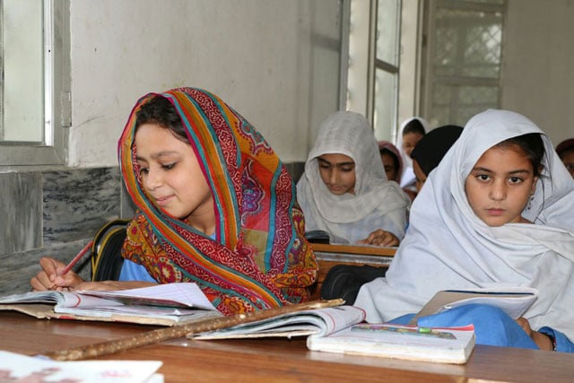 students are seen attending their classes in a recently reconstructed school in khyber pakhtunkhwa 039 s malakand division photo express