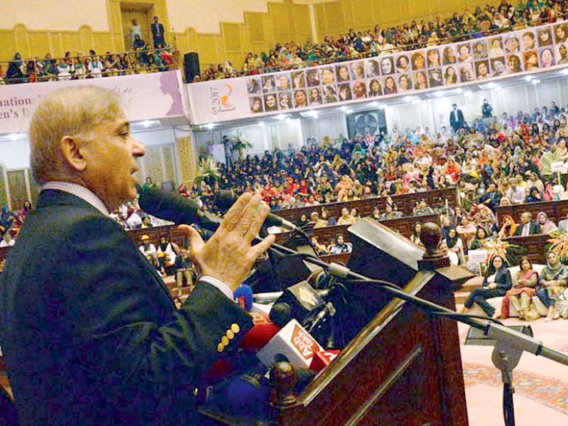 punjab chief minister shehbaz sharif addressing a seminar on international women s day at awan e iqbal photo inp