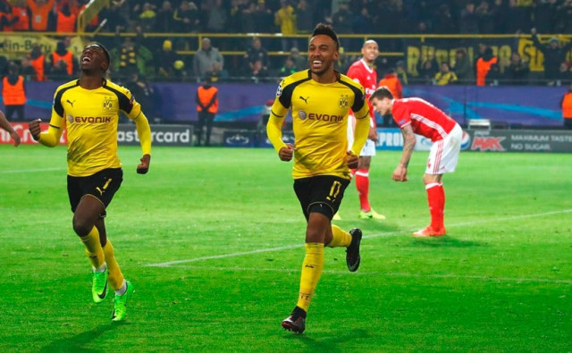 borussia dortmund 039 s pierre emerick aubameyang r celebrates after christian pulisic scored their second goal against benfica on march 8 2017 photo reuters borussia dortmund 039 s pierre emerick aubameyang r celebrates after christian pulisic scored their second goal against benfica on march 8 2017 photo reuters
