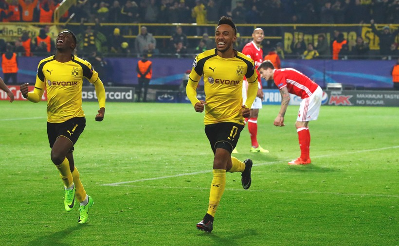 borussia dortmund 039 s pierre emerick aubameyang r celebrates after christian pulisic scored their second goal against benfica on march 8 2017 photo reuters