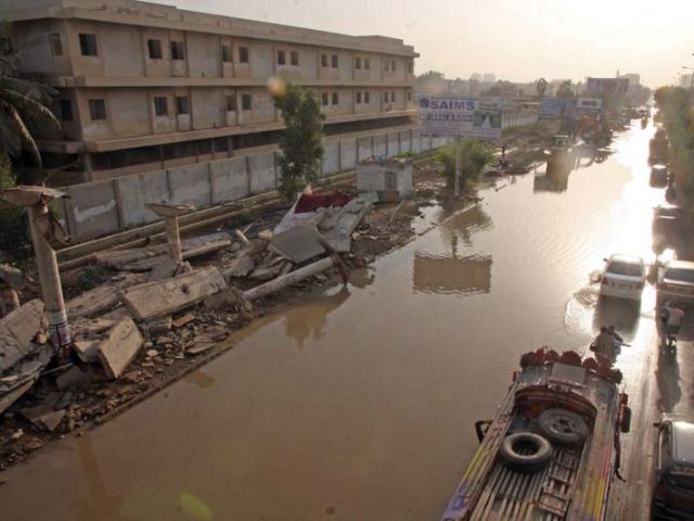 a view of an inundated university road when a water supply line measuring 84 inches in diameter burst near the federal urdu university of arts science and technology last year photo athar khan express