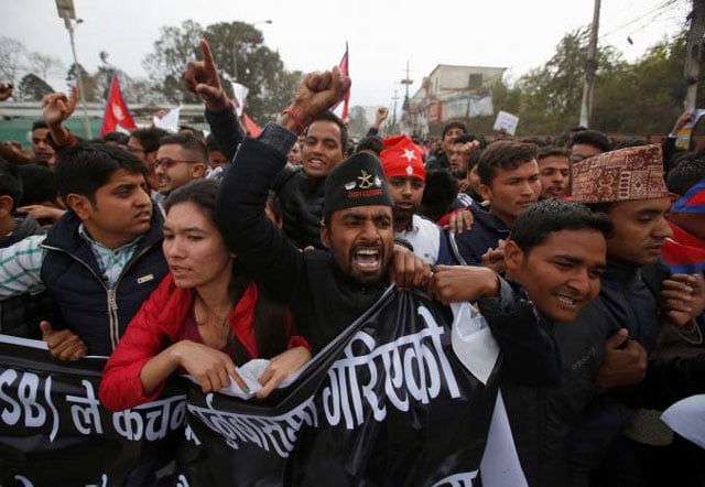 nepalese students affiliated with the all nepal national free students union annfsu a student wing of the communist party of nepal unified marxist leninist cpn uml protest near the indian embassy against the incident in which one nepali man was killed at the india nepal border in kathmandu nepal march 10 2017 photo reuters