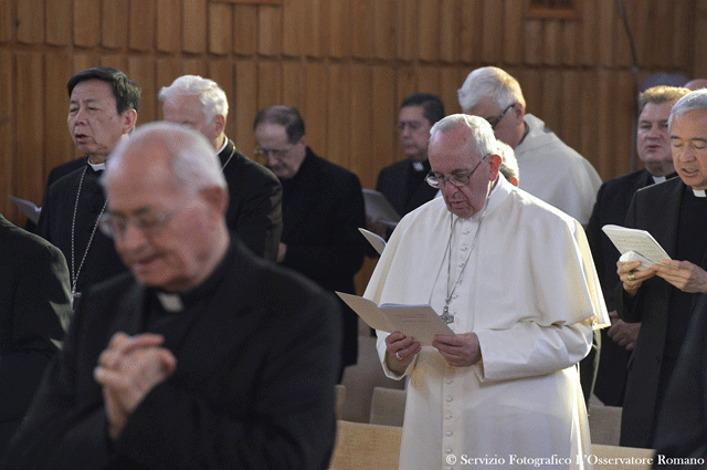 this handout picture released by the vatican press office shows pope francis on the last day of a spiritual retrat in ariccia on march 10 2017 photo afp