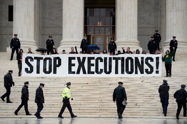 anti death penalty activists seen here outside the us supreme court in january have criticized arkansas 039 push to speed up execution photo afp