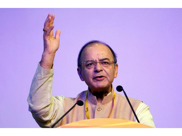 indian finance minister arun jaitley addresses a delegation while speaking on the goods and services tax gst issues during the vibrant gujarat investor summit in gandhinagar india january 11 2017 photo reuters