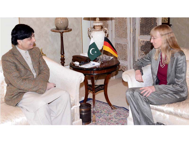 interior minister chaudhry nisar talks with german ambassador ina lepel at punjab house photo nni