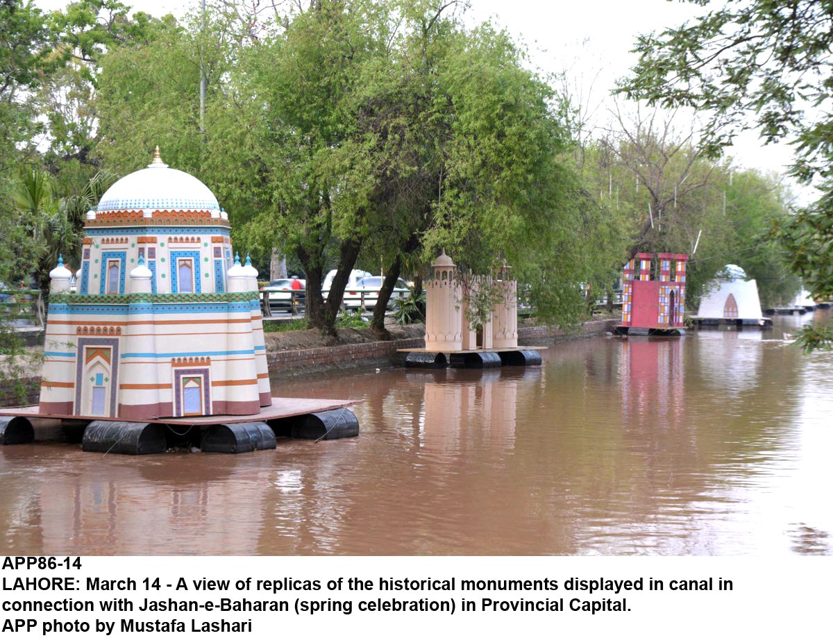 a file photo of lahore canal with models of various monuments in pakistan afloat for the jashn e baharan celebrations photo app