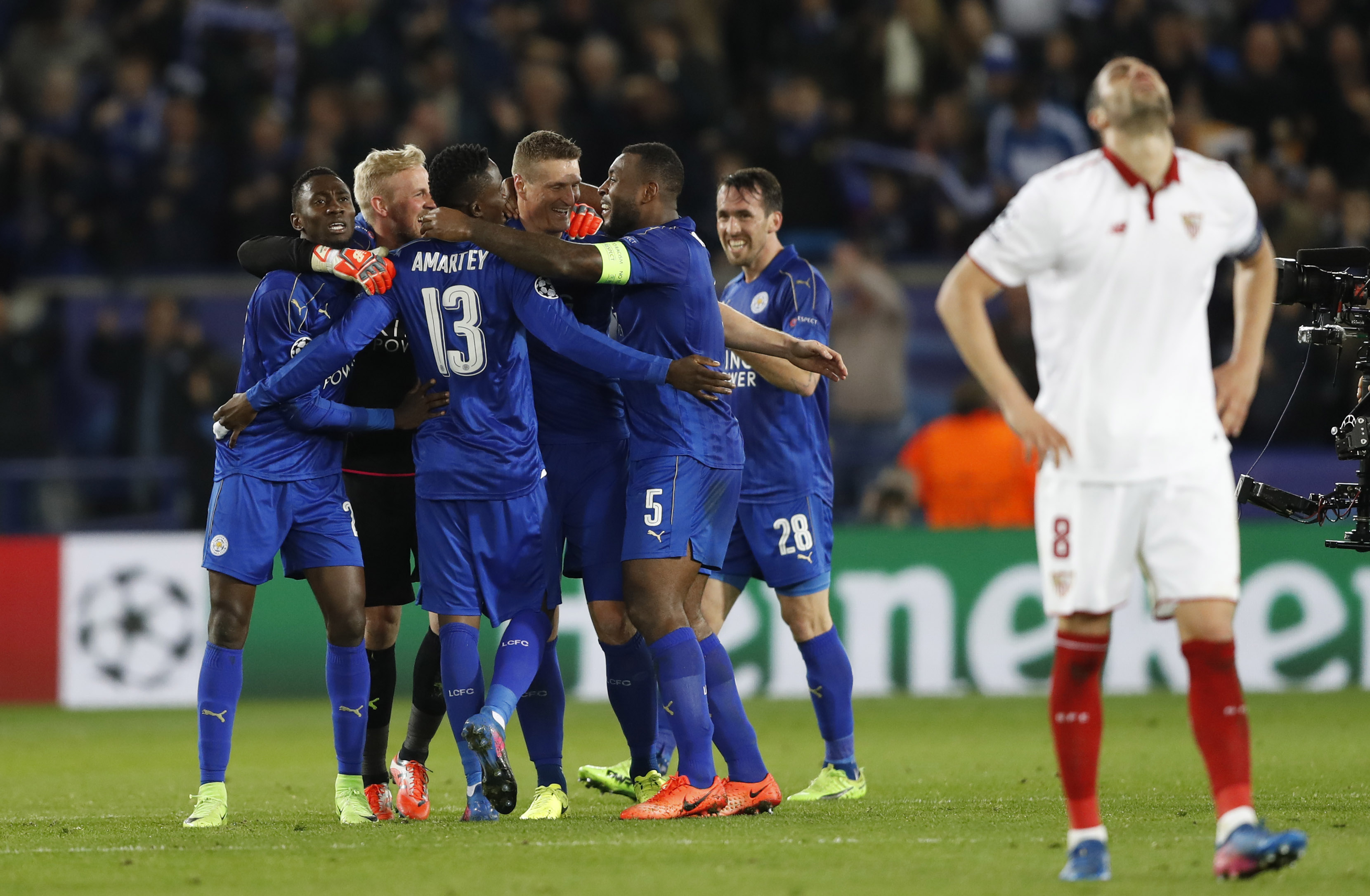 leicester city players celebrate after bealting sevilla on march 14 2017 photo reuters