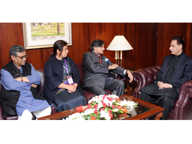 ayaz sadiq meets indian parliamentary delegation led by shashi tharoor in islamabad on wednesday photo pid