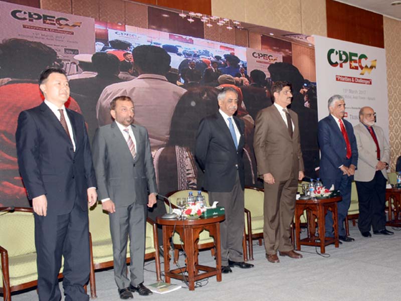 sindh governor muhammad zubair and chief minister murad ali shah along with others at express media group s seminar on cpec photo express