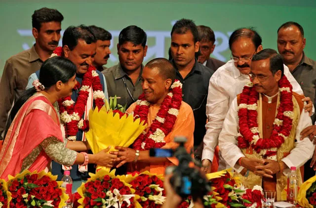 yogi adityanath c is greeted after he was elected as chief minister of india 039 s most populous state of uttar pradesh during the party lawmakers 039 meeting in lucknow india march 18 2017 photo reuters yogi adityanath c is greeted after he was elected as chief minister of india 039 s most populous state of uttar pradesh during the party lawmakers 039 meeting in lucknow india march 18 2017 photo reuters