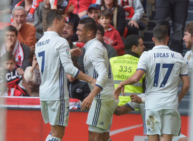 real madrid 039 s cristiano ronaldo carlos casemiro lucas vazquez and sergio ramos celebrated team 039 s second goal against athletic bilbao on march 18 2017 photo reuters real madrid 039 s cristiano ronaldo carlos casemiro lucas vazquez and sergio ramos celebrated team 039 s second goal against athletic bilbao on march 18 2017 photo reuters