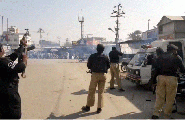 police officials resorted to aerial firing during a recent protest in orangi town photo ppi police officials resorted to aerial firing during a recent protest in orangi town photo ppi