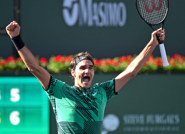mar 19 2017 indian wells ca usa roger federer sui celebrates at match point as he defeated stan wawrinka not pictured 7 6 6 4 in the men 039 s final in the bnp paribas open at the indian wells tennis photo courtesy mar 19 2017 indian wells ca usa roger federer sui celebrates at match point as he defeated stan wawrinka not pictured 7 6 6 4 in the men 039 s final in the bnp paribas open at the indian wells tennis photo courtesy