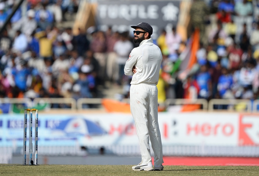 indian team captain virat kohli watches the screen as a decision review system drs call is made for australian batsman shaun marsh during the fifth day of the third cricket test match between india and australia at the jharkhand state cricket association jsca stadium complex in ranchi on march 20 2017 photo afp