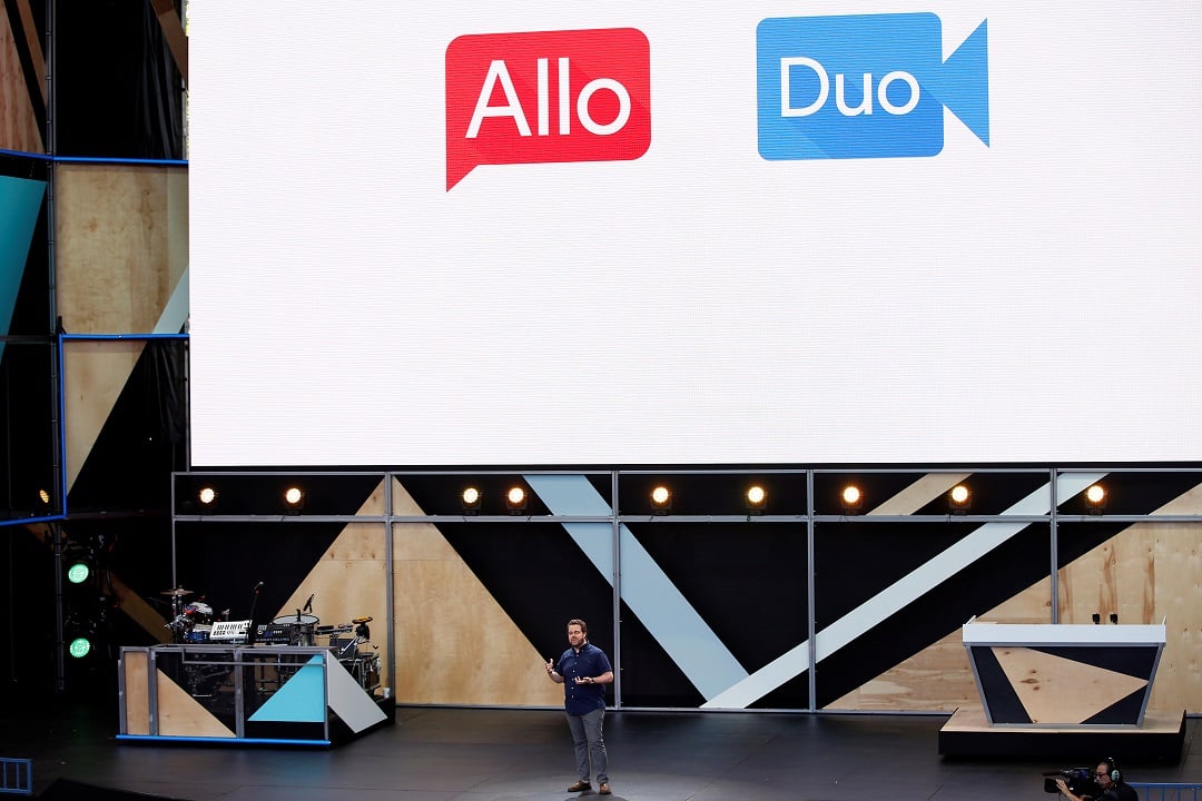 erik kay engineering director at google introduces allo and duo on stage during the google i o 2016 developers conference in mountain view california photo reuters