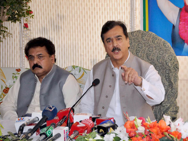 former prime minister yousuf raza gilani addressing a news conference in multan on march 24 2017 photo inp