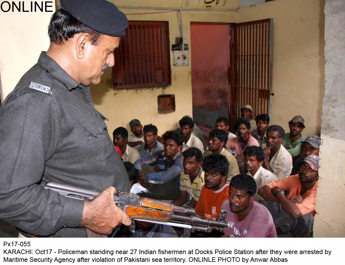in this file photo indian fishermen caught by maritime security agency are under custody at the docks police station in karachi on october 17 2015 photo online in this file photo indian fishermen caught by maritime security agency are under custody at the docks police station in karachi on october 17 2015 photo online