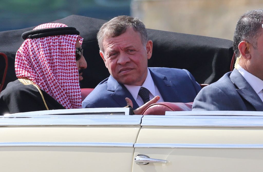 jordanian king abdullah ii greets saudi arabia 039 s king salman l ahead of the 28th summit of the arab league photo afp