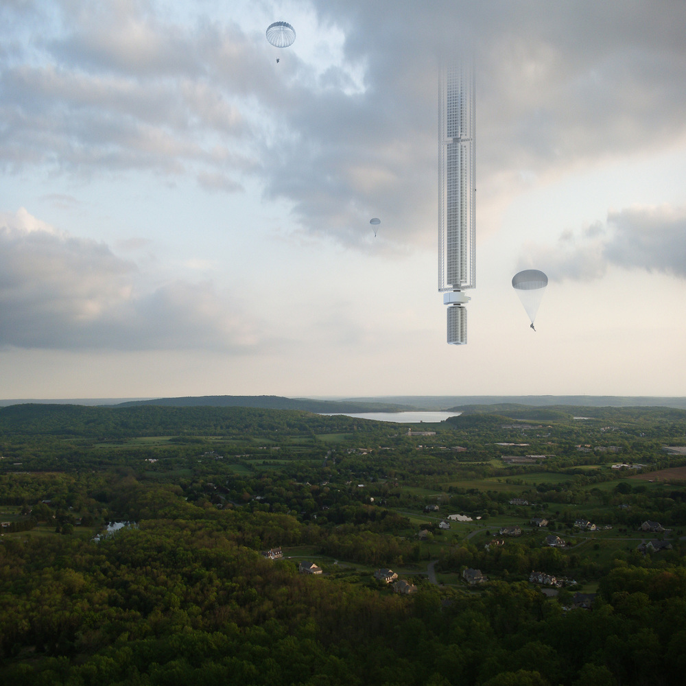 analemma tower will be a space based building structure suspended through an asteroid in the air photo the clouds architecture