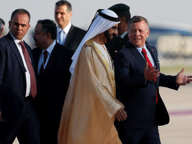 jordan 039 s king abdullah ii welcomes prime minister and vice president of the united arab emirates and ruler of dubai sheikh mohammed bin rashid al maktoum during a reception ceremony at the queen alia international airport in amman jordan march 28 2017 photo reuters