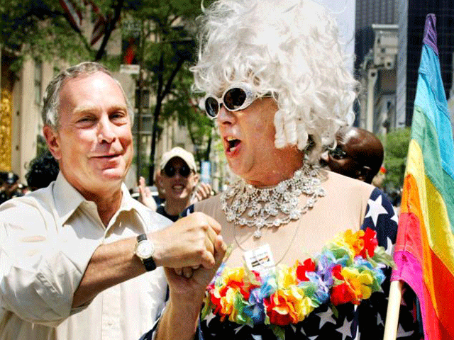 new york mayor michael bloomberg greets gilbert baker as they take part in the annual gay pride parade in new york city june 30 2002 photo reuters