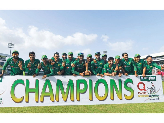 pakistan team pose with their winning trophy at the end of the final of the four t20i match series between west indies and pakistan at the queen s park oval in port of spain trinidad photo afp pakistan team pose with their winning trophy at the end of the final of the four t20i match series between west indies and pakistan at the queen s park oval in port of spain trinidad photo afp