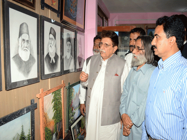 prime minister ajk raja farooq haider visiting the painting of syed qasin selani photo inp prime minister ajk raja farooq haider visiting the painting of syed qasin selani photo inp