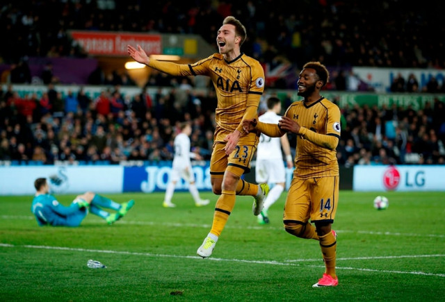 tottenham 039 s christian eriksen celebrates scoring their third goal with georges kevin nkoudou as swansea city 039 s lukasz fabianski looks dejected in the match on april 5 2016 photo reuters tottenham 039 s christian eriksen celebrates scoring their third goal with georges kevin nkoudou as swansea city 039 s lukasz fabianski looks dejected in the match on april 5 2016 photo reuters