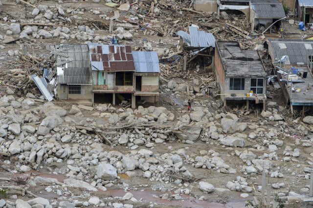 aerial view of the extensive damage caused by mudslides as a result of heavy rains in mocoa putumayo department colombia on april 3 2017 photo afp