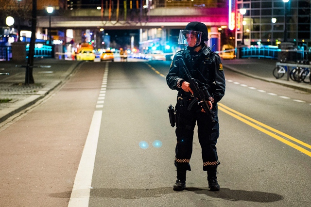 a police officer stands guard near an area that has been cordened off in central oslo on late april 8 2017 after police arrested a man following the discovery of a 039 bomb like device 039 photo afp