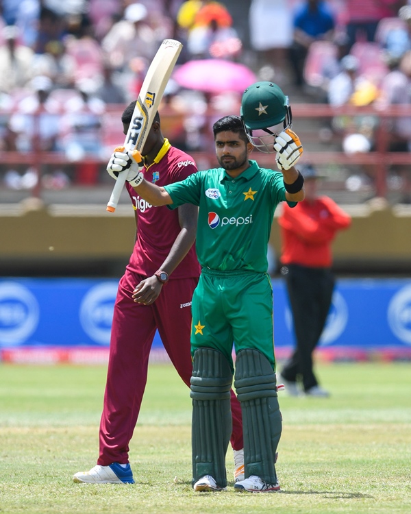 babar azam of pakistan celebrates his century against west indies during the 2nd odi match between west indies and pakistan at guyana national stadium providence guyana april 9 2017 photo afp